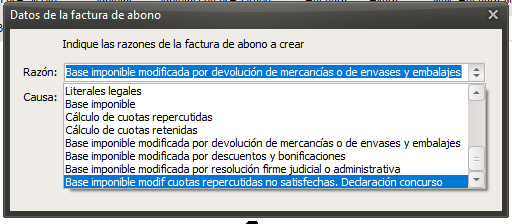 Diálogo Datos de la factura de abono de GestFuturo Talleres con el desplegable de razones legales abierto: base imponible, cálculo de cuotas repercutidas y retenidas, devolución de mercancías o envases, descuentos y bonificaciones, resolución firme judicial o administrativa, declaración de concurso e incobrable.