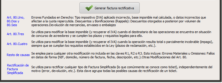 Leyenda de la ventana de nueva factura rectificativa de GestFuturo Talleres: explicación en pantalla de los supuestos del artículo 80 LIVA (errores fundados en derecho, descuentos y devoluciones; concurso de acreedores; crédito incobrable), del resto de causas fuera de las claves R1, R2 y R3, y de la rectificación de factura simplificada, junto al botón de generar factura rectificativa.