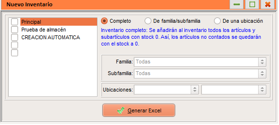 Ventana Nuevo Inventario de GestFuturo para elegir sobre qué almacenes se genera el inventario, con las opciones completo, de familia o subfamilia y de una ubicación, y botón Generar Excel