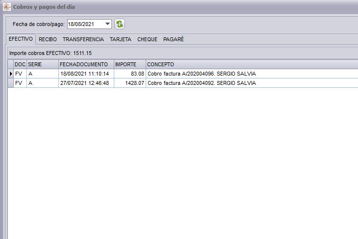 Imagen de la ventana del software de gestión en la que se muestran los cobros y pagos de un día determinado.