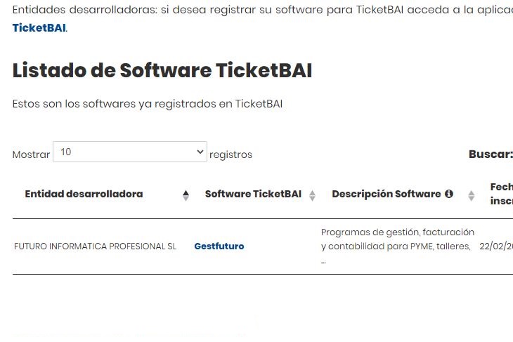 GestFuturo en la lista de software registrado TicketBAI Batuz