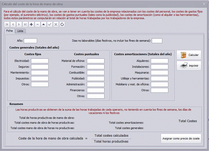 Modulo de coste de la hora de trabajo en GestFuturo programa para taller